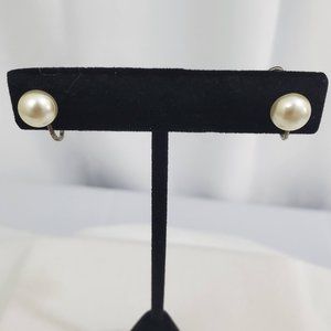 Antique 1950's Pearl Sterling Silver Earrings with Screw Back